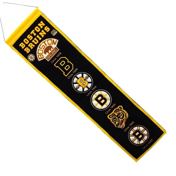 NHL Boston Bruins Logo History Felt Pennant Wall Banner w/ 2 Bruin Pins
